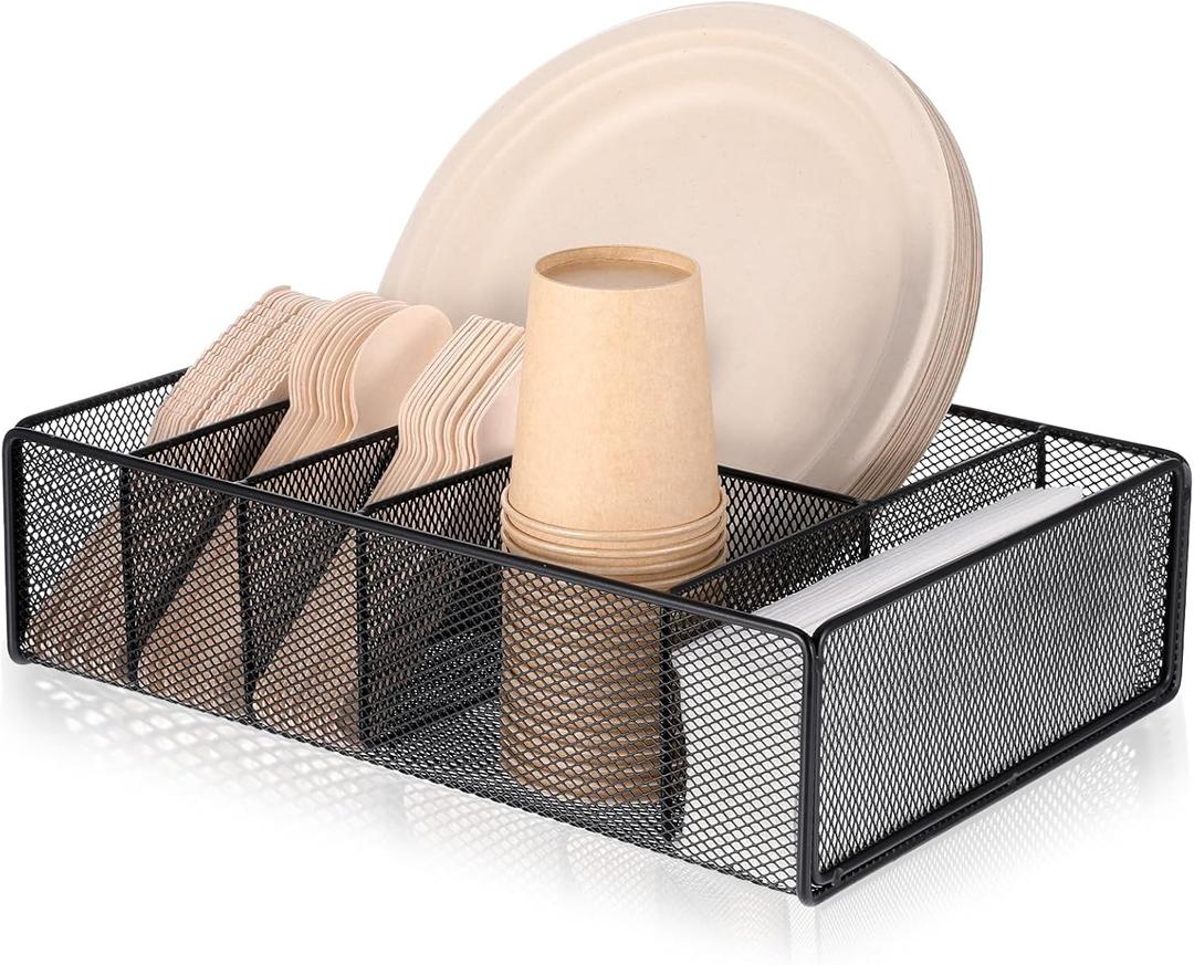 Paper Plate Organizer for Countertop, Metal Utensil Silverware Caddy for Kitchen Cabinets Cutlery Holder Flatware Dispenser Storage Box for Plastic Spoon Fork Plates Napkins Cup Party Buffet Picnic