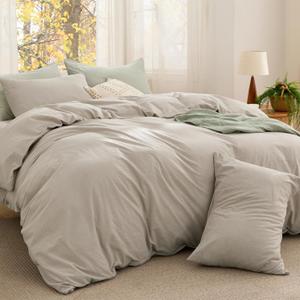 Bedsure Comforter Set Queen Size - Cotton Fabric with Microfiber Inner Fill, Linen Color Soft Bed Set for All Seasons, 3 Pieces, 1 Comforter (90" x 90") and 2 Pillow Cases (20" x 26")