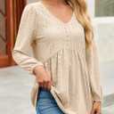 Tankaneo Womens Long Sleeve Shirts V Neck Loose Fit Tunic Tops Babydoll Peplum Top Flowy Dressy Casual Blouse Eyelet T-Shirt (XX-Large)