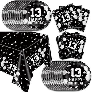 41pcs 13th Black Silver Party Supplies ,include 20 Dessert Plates, 20 Napkin and 1pcs Tablecloth,Used for 13th Black Silver Birthday Party Decoration (13 Black Silver)