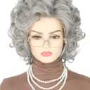 Topcosplay 5pcs Set Old Lady Wig and Accessories Short Curly Grey Granny Costume Wig Grandma Wig Halloween Party Wigs,  Dark Grey