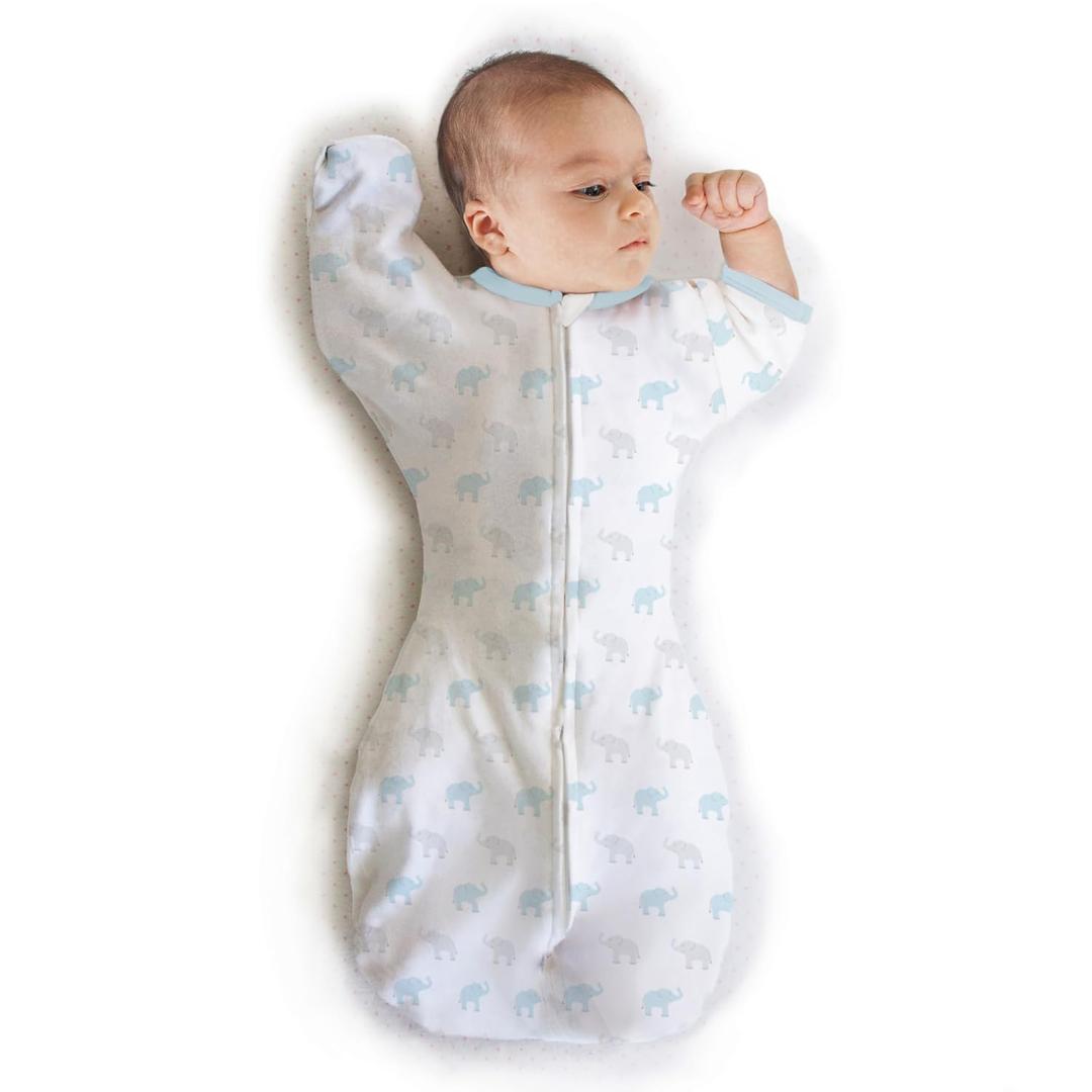 Amazing Baby Transitional Swaddle Sack, Arms Up Half-Length Sleeves & Mitten Cuffs, Swaddle for Newborn Transition to Baby Sleep Sack Wearable Blanket, Small, 0-3 month, 6-14 lb, Blue Tiny Elephants
