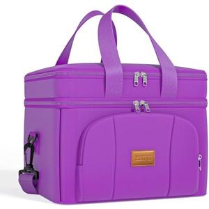 Rnivvi Lunch Box for Women, Double Decker Insulated Cooler Bag Lunch Bag Reusable Leakproof Tote Lunch Container with Strap for Work Family Picnic Hiking Camping, 18 Cans 12L, Large Adults, Purple