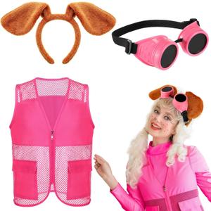 Hotop 3 Pcs Halloween Puppy Dog Costume Set Dog Ear Headband Pink Steampunk Goggles Vest Puppy Themed Cosplay Accessories for Women Adult