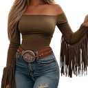 Fringe Tops for Women Western Cowgirl Off The Shoulder Fall Long Sleeve with Tassels Stretchy Crop Shirts Blouses (Brown, XL)