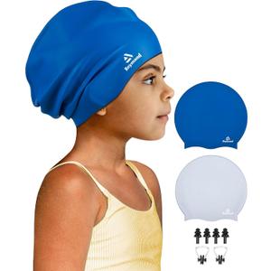 2 Pack Kids Extra Large Swim Cap for Long Thick Hair, Waterproof Silicone Swimming Cap for Toddler Child Youth Girls Boys, Durable Swim Hats Bathing Caps for Braids, Dreadlocks, Extensions, Afros