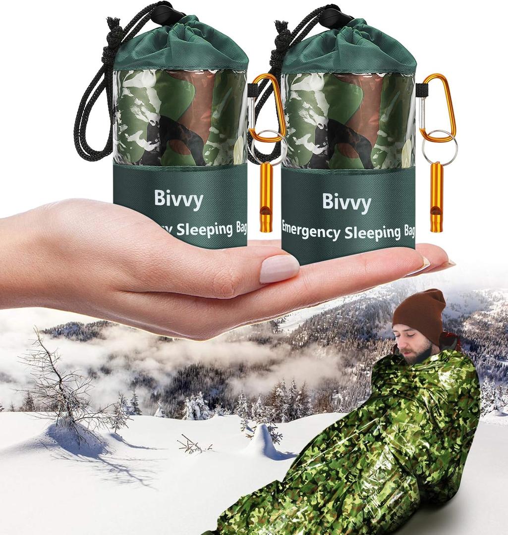 Emergency Sleeping Bags Thermal-Emergency-BlanketsUltralight Space Blankets Survival Waterproof Bivy Sack Multi-Purpose Survival Gear for Hiking, Camping, First Aid Kits, Outdoor Survival Gear (Camo)