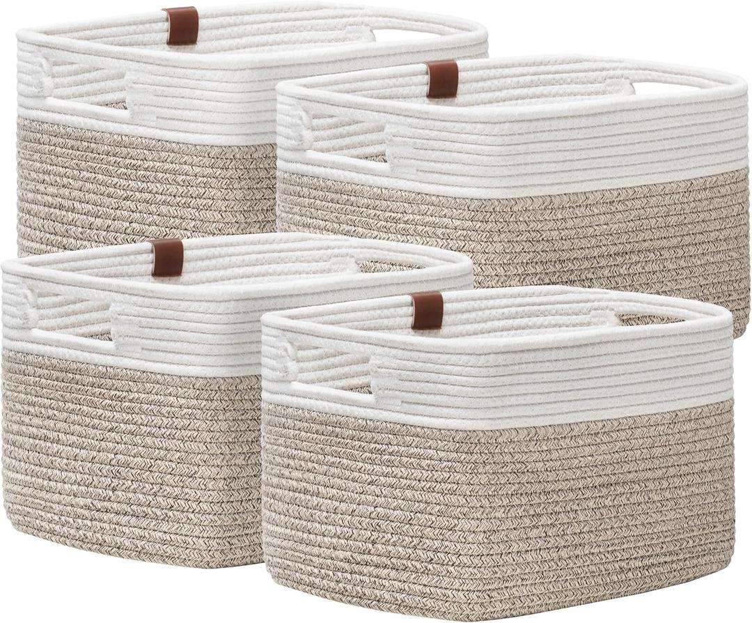 UBBCARE 4 Pack Baskets for Organizing, Woven Storage Baskets with Label for Toys and Towel, Rectangle Cotton Rope Basket with Handles, 14''L x9''W x8''H, White&Brown