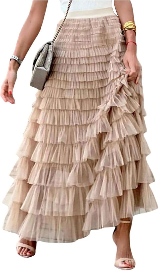 MAKEMECHIC Women's Mesh Maxi Skirt Tulle Ruffle Layered High Waist Flowy Fairy Skirts (Beige)