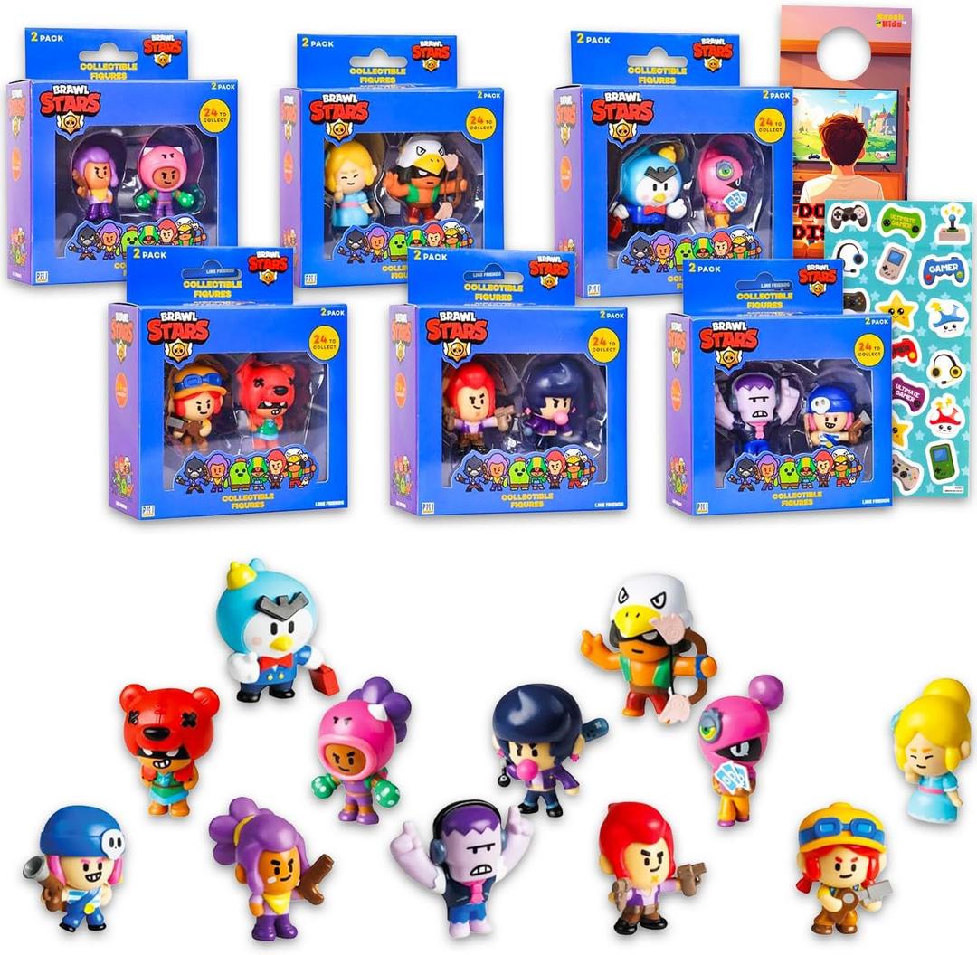 Brawl Stars Mini Figures 12 Pack - Bundle with 12 Video Game Cupcake Topper Figurines Plus Stickers, More | Brawl Stars Party Supplies Set for Boys, Girls, Kids