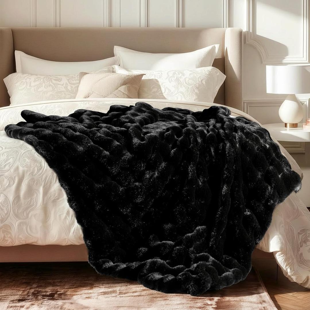Ultra Soft Cozy Faux Fur Throw Blanket, Fuzzy Plush Thick Bubble Blanket, Oversize Luxury Fluffy Blanket for Couch, Bed, and Living Room, 60x80 Inches, Black (Twin)