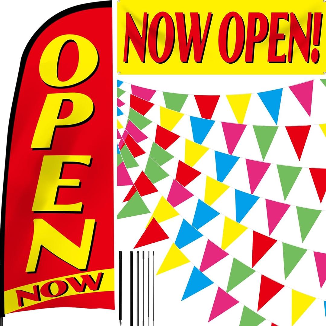 7.9 Ft Now Open Feather Flag for Business Advertising with Poles Kit Red Now Open Banner Colorful Pennant Banner Grand Opening Sign Swooper Flag for Outside Garden Yard Business Advertising