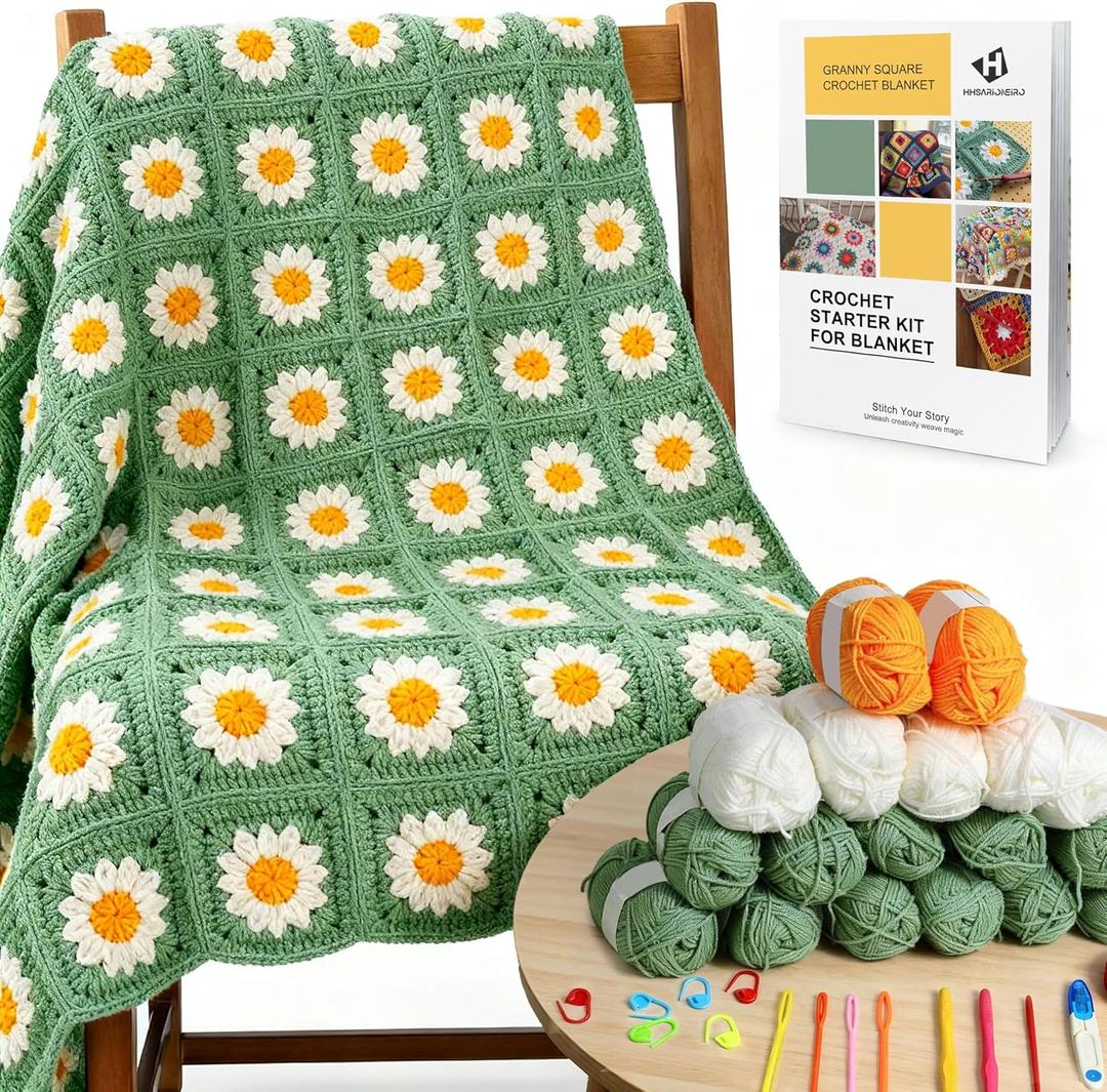 HHSarioneiro Crochet Blanket Kit for Beginners, Easy Granny Square Crochet Kit for Adults,with StepbyStep Instructions and Clear Videos, Includes Multiple Accessories, Gift for Craft Lovers