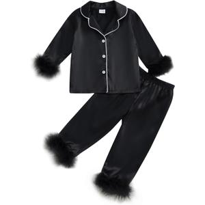 fyclemt Toddler Baby Girl Satin Pajamas Feather Trim Long Sleeve Button Down Shirt Long Pants 2PCS Pjs Sleepwear Lounge Sets (3-4T, Black)