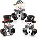 3 Pcs Christmas Wood Centerpieces for Tables Wooden Snowman Table Decor Rustic Merry Xmas Tabletop Signs Block Winter Desktop Decorations Indoor Tiered Tray Office Desk Shelf Home Mantel Holiday Party (Large, Black and White)