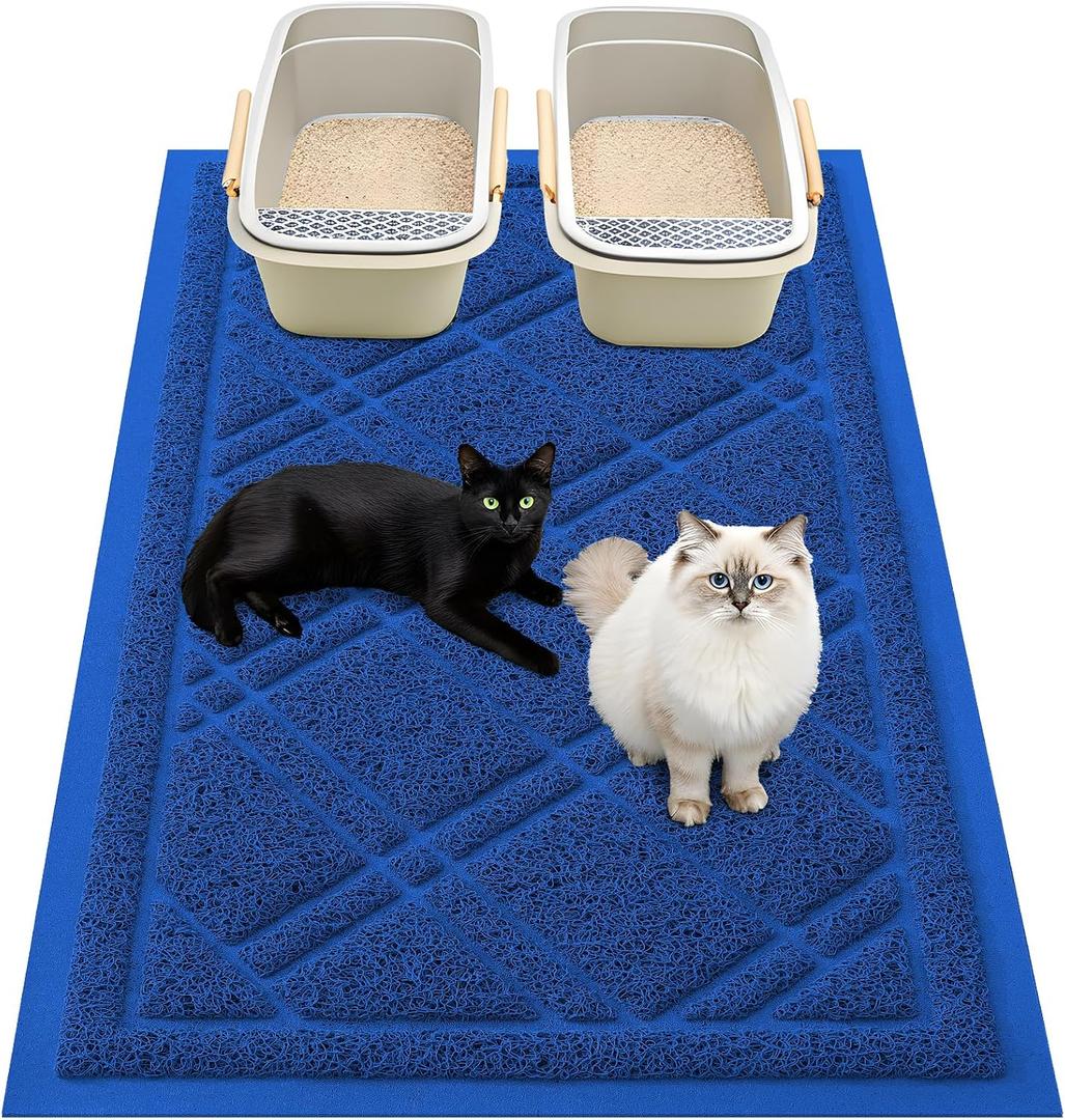 Smiry Cat Litter Box Mat 36x24, Non-Slip Water Resistant Litter Trapping Mat, Easy Clean Less Waste and Urine-Locking Cat Carpet for Indoor, Blue