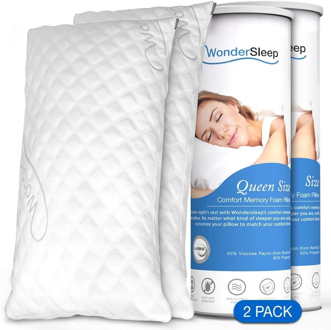 Pillow Premium Adjustable Loft-Shredded Memory Foam for Home & Hotel Collection + Washable Removable Cooling Bamboo Derived Rayon Cover (Standard (Pack of 1), White)