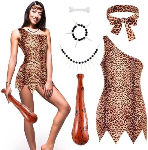 Ramede 6 Pcs Caveman Costume Set for Women Include Jungle Costume Headband Inflatable Cave Bat Necklace Bracelet and Hairpin M