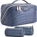 BOYATU Travel Makeup Bag Cosmetic Bags for Women: 3 Pcs Set Large Capacity Make up Bag with Handle - Crocodile Pattern Vegan Leather Toiletry Bags Travel Essentials with Compartments(E-3-Blue)