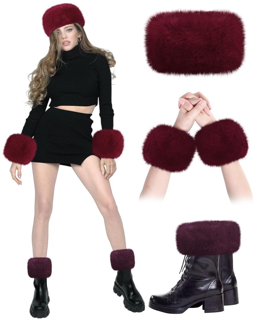 Liitrsh 3 Pieces Faux Fur Headband Set Earmuff Hat Fuzzy Short Wrist Warmers Boot Cuff Arm Warmers Accessories for Girls(Red)
