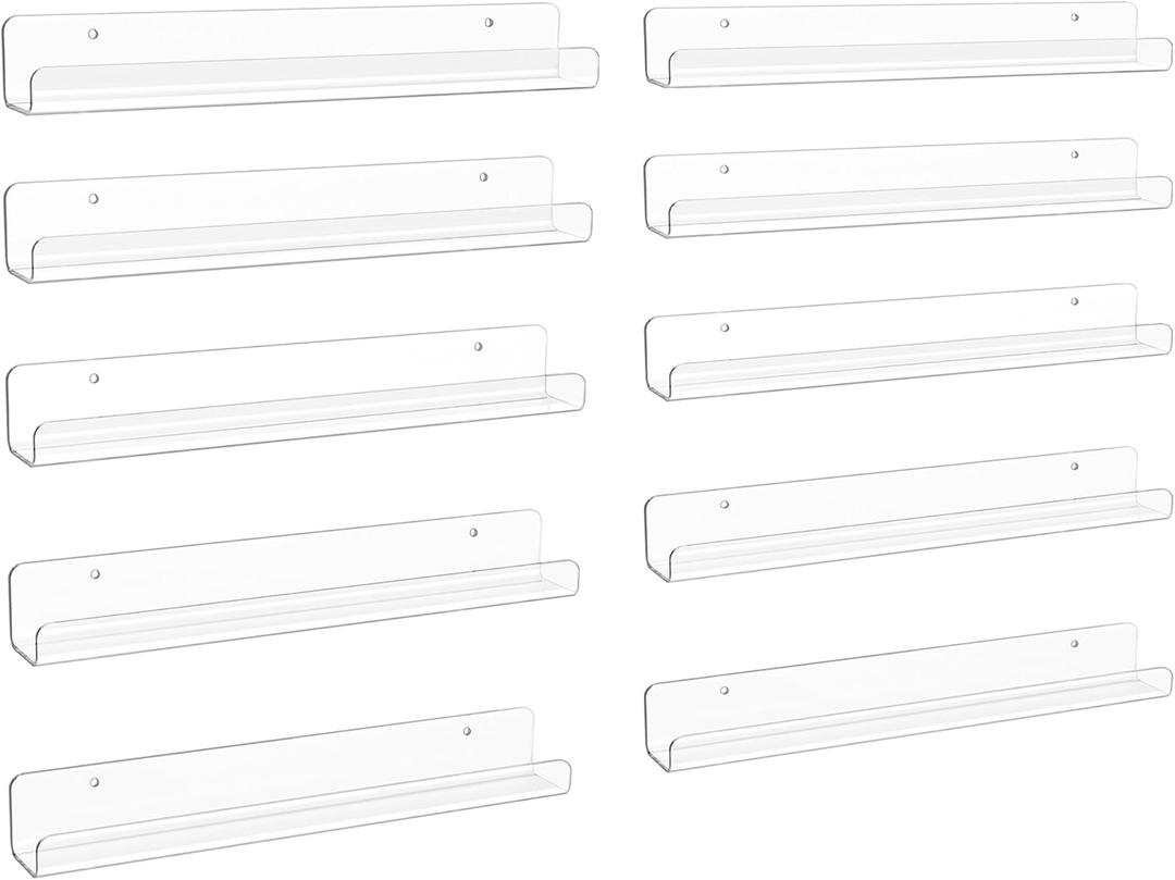 upsimples 10 Pack Clear Acrylic Shelves, 1.7" x12" Clear Wall Shelves for Nail Polish, Vinyl Wall Mount, Record Holder, Magazine Rack, Comic Display, Picture Ledge Shelf Dcor