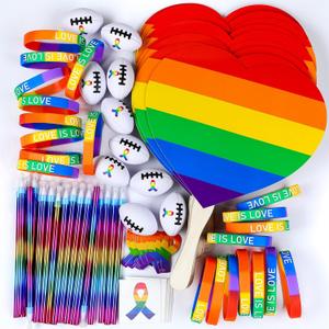 150 Pcs 25 Set Gay Pride Accessories Bulk Include LGBT Rainbow Bracelets Wristbands Rainbow Ribbon Tattoo Cutout LGBTQ Stress Football Paper Fan for Gay Pride Parade Charity Fundraiser Support Supply