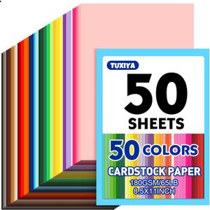 50 Sheets 8.5" X 11" Colored Cardstock, 50 Assorted Colors Construction Paper Card Stock Printer Paper for Printing, Card Making, DIY Crafts,School Supplies,Party Decorations (180GSM/65LB)