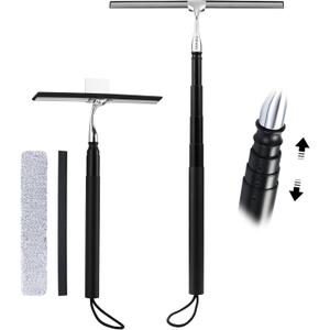 12-51 Telescopic Window Squeegee for High Windows, 2-in-1 Window Cleaning Kit with Extra Silicone Blade & Hook, Professional Squeegee for Shower Glass Doors (Window Squeegee for Home)
