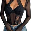 Sexy Sheer Lace Mesh Top for Women  Hollow-Out Halter Crop Bustier Long Sleeves Slim Fit Blouse (Medium, Black)