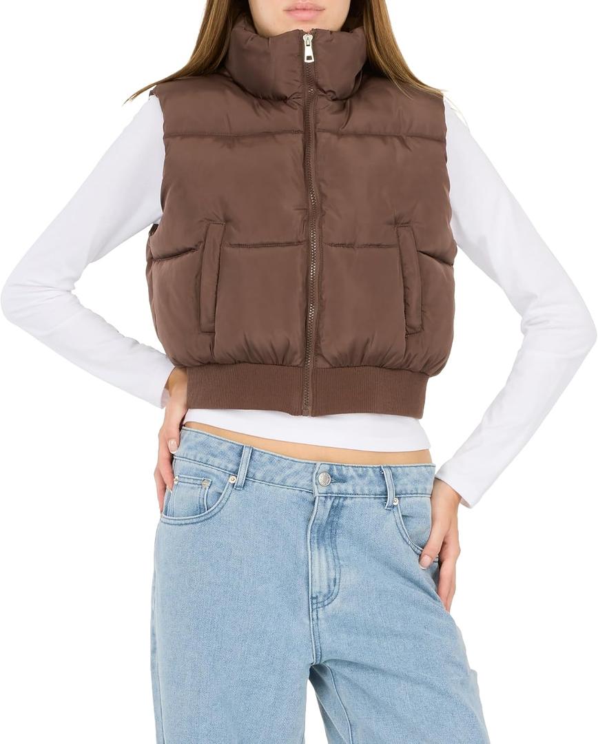 Forever 21 Women's Puffer Vest – Cropped Quilted Zip-Up Outerwear with High Neck Collar,  Size Small