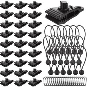 CYUS 60 Pcs Heavy Duty Lock Grip Tarp Clips, Tarp Clamps Tent Fasteners with Bungee Cords & Carabiners, Shark Teeth Design Large Tarps Clips Secure Cover for Camping, Pool Covers, Awnings, Canopies