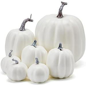 woshilaocai 7PCS Artificial Pumpkins Dcor Fall Harvest Thanksgiving/Halloween Holiday Farmhouse Decorations for Home (Off White)