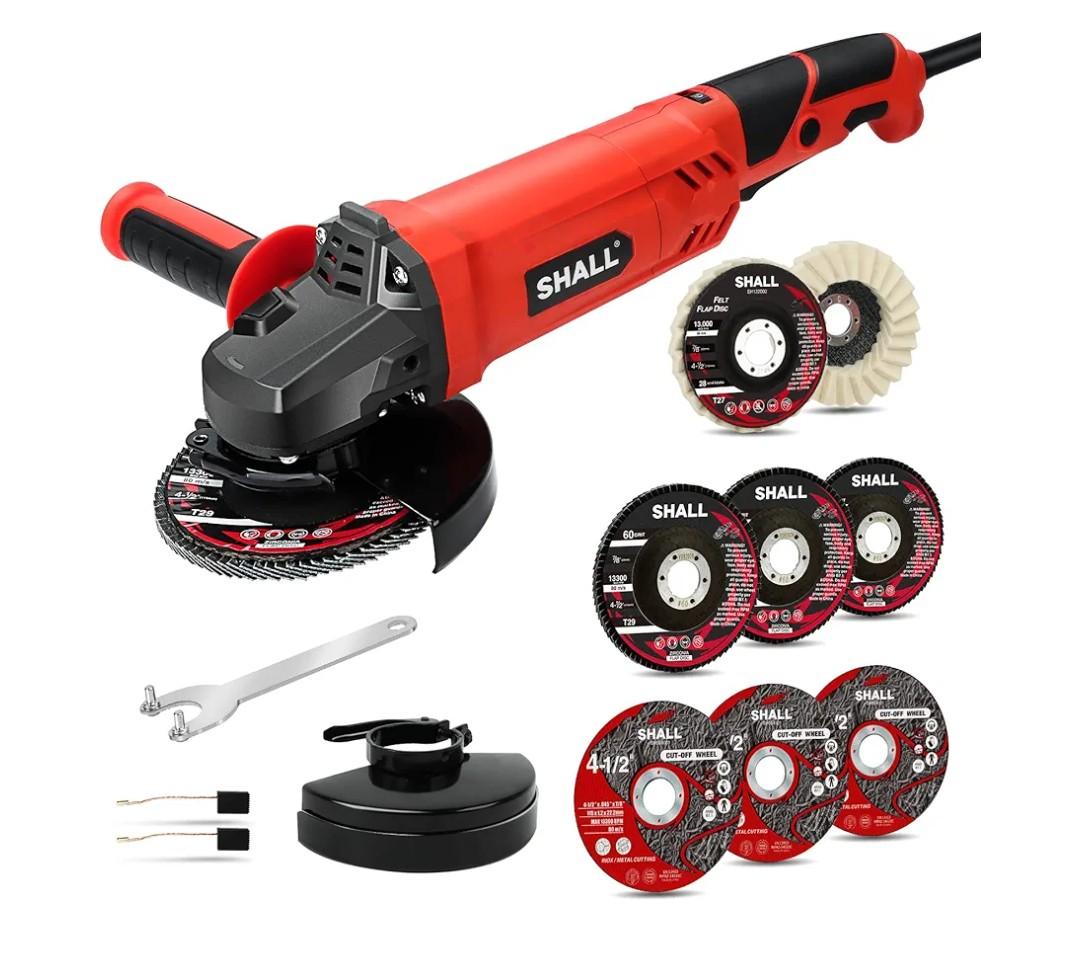 SHALL Angle Grinder Tool 7.5Amp 4-1/2 Inch, 6-Variable-Speed Grinders Power Tools, Electric Metal Grinder 12000 RPM w/ 2 Safety Guards, Cutting Wheels, Flap Discs, Non-Slip Handle for Metal/Wood