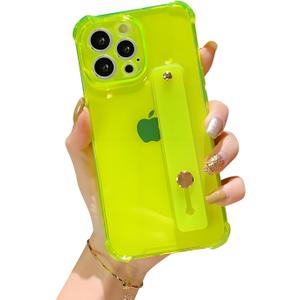 siduater Strap Case for 6.1" iPhone 14 Pro with Wristband Kickstand, Clear Soft TPU Protective Shockproof Bumper Rugged Cover, Adjustable Hand Grip Loop for iPhone 14 Pro 6.1 Inch, Neon Green