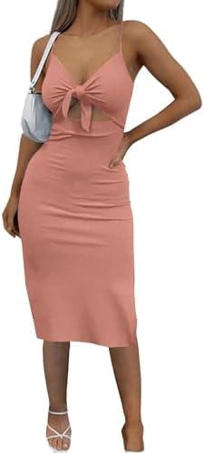 KIFOVEN Women's Tie Knot Cut Out Split Spaghetti Strap Sleeveless Knit Bodycon Midi Dress (Dusty Pink, Small)