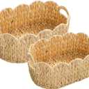 Scalloped Basket, Water Hyacinth Basket for Organizing and Decor, Hand-Woven Rattan Baskets with Built-In Handles for Living Room, Bedroom, Laundry, 2 Pack (Oval)