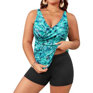 Aqua Eve Plus Size Tankini with Shorts Two Piece Swimsuits Tummy Control Bathing Suits for Women Green Paisley 24W