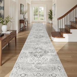 Washable 2.6x14 Runner Rug - Non Slip Long Vintage Hallway Runner Rugs for Kitchen Stain Resistant Indoor Mat Waterproof Carpet for Living Room Entryway Ivory/Gray
