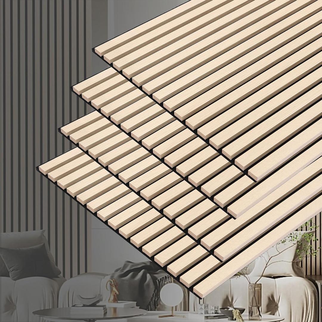 3D Slat Acoustic Wall Panels with Wood Finish Accent, 4 Pack Sound Absorbing Paneling for Studio, Office, Living Room, Bedroom Interior Decor (Natural Oak, 48''L x 24''W)