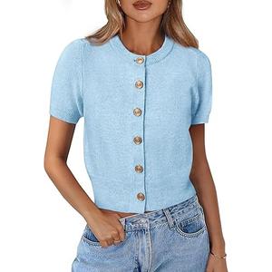 PRETTYGARDEN Womens Casual Summer Short Sleeve Cardigans 2025 Button Down Knitted Sweater Basic Crew Neck Crop Tops Large