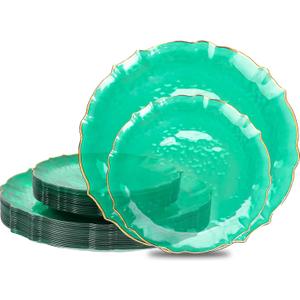 bUCLA 40PCS Clear Green Plastic Plates - Green and Gold Disposable Hammered Plates Fancy Lace-Edge, Crystal Design for 20 Guests Include 20 Each(Dinner&Dessert), Ideal for Party & Christmas