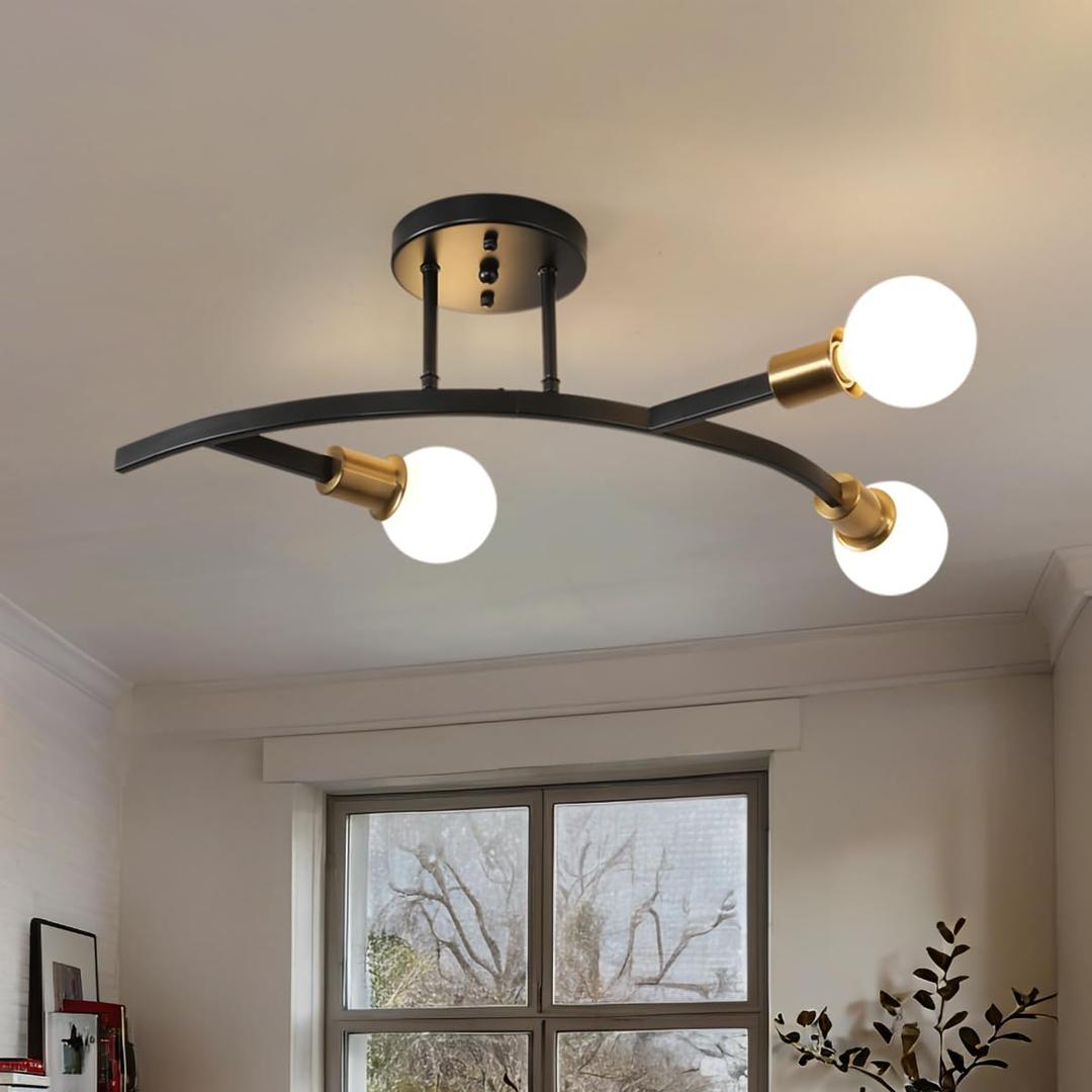 Salburyao 3Lights Modern Sputnik Semi Flush Mount Ceiling Light Fixture Black and Gold,Mid Centur Minimalist sputnik Chandelier for Hallway,Dining Room,Bedroom,Kitchen,Living Room(Bulbs Not Included), 3-Lights B&G