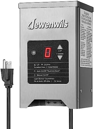 DEWENWILS 200W Low Voltage Landscape Transformer with Photocell Sensor, 120V AC to 12V/15V AC, Low Voltage Transformer for Landscape Lights, LED Outdoor Lights, Spotlight, Stainless Steel, ETL Listed