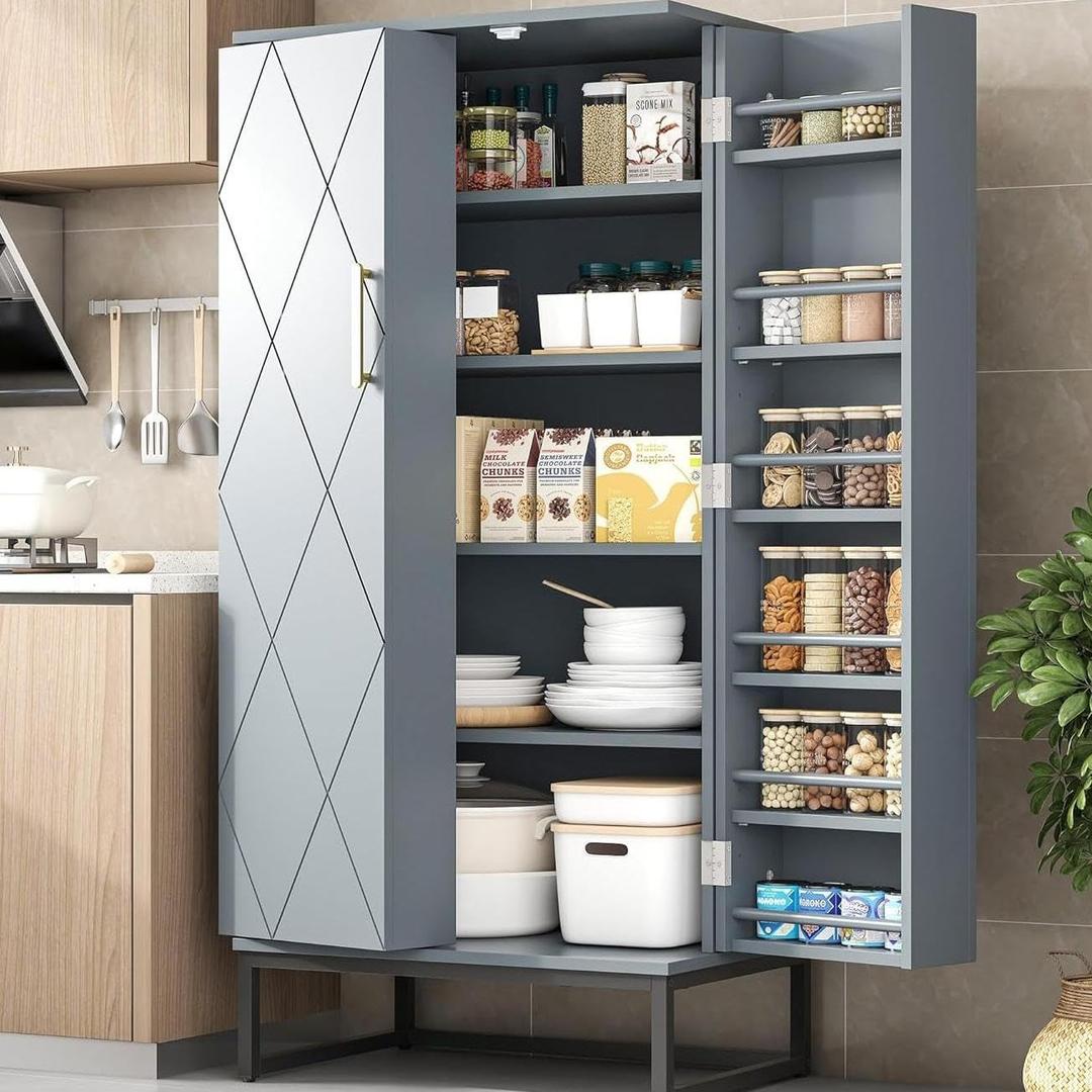 kepptory 51" Pantry Cabinet with Diamond-Patterned Doors and Golden Handles, Freestanding Kitchen Storage Cabinet with 17 Shelves, Tall Metal Base, Adjustable Feet, Grey, 16"D x 24"W x 51"H