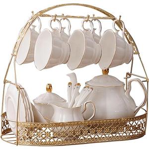 fanquare 15 Pieces Simple White English Ceramic Tea Sets,Tea Pot,Bone China Cups Without Metal Holder,Matching Spoons,Afternoon Tea Set Service Coffee Set