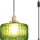 Plug in Pendant Light Green Glass Pendant Lamp Striped Glass Shade Vintage Plug in Ceiling Hanging Lamp 1-Light with Plug in Cord Swag Ceiling Light for Kitchen Island Living Room