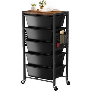 Rolling Cart with 5 Drawers, Plastic Drawer Storage Carts with Wheels & Wooden Tabletop, Metal Utility Cart with Pegboards, Office Living Room Classroom Craft Organization and Storage, Dark Black