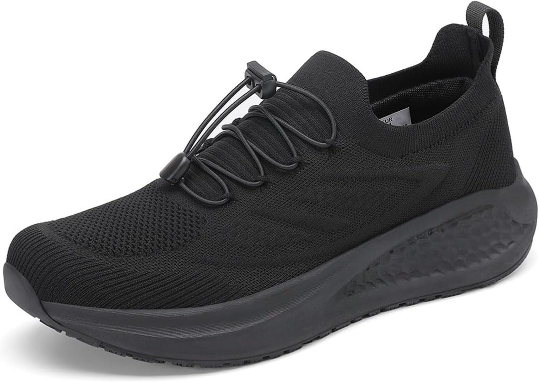 VikoViren Non Slip Work Shoes for Men Slip on Restaurant or Food Service Shoes Breathable Lightweight Water Resistant Walking Sneakers for Chef Kitchen Footwear, All Black US 11.5
