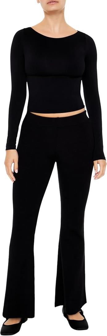 Forever 21 Womens Sweater-Knit Mid-Rise Flare Pants (XS, Black)