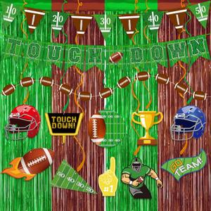 Football Party Decorations 25Pcs Brown Green Football Curtains Pre-Assembled Banner Hanging Swirl Spirals for Football Game Day Sunday Night Photo Booth Backdrops Theme Birthday Party Supplies Decors